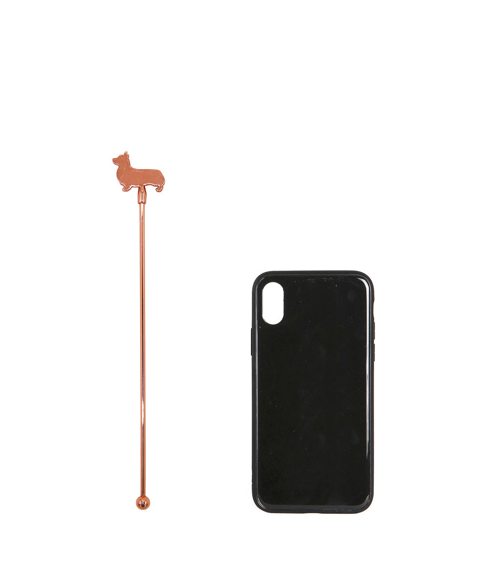 Rose Gold Corgi Stir Stick next to cellphone for size comparison