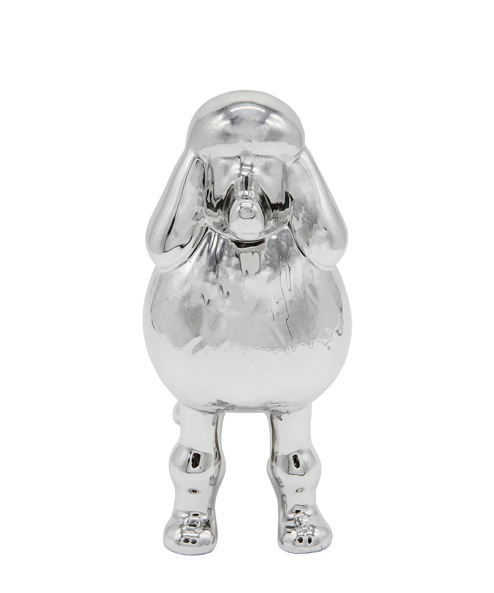 Silver Standing Poodle Ceramic Pet Statue Front View