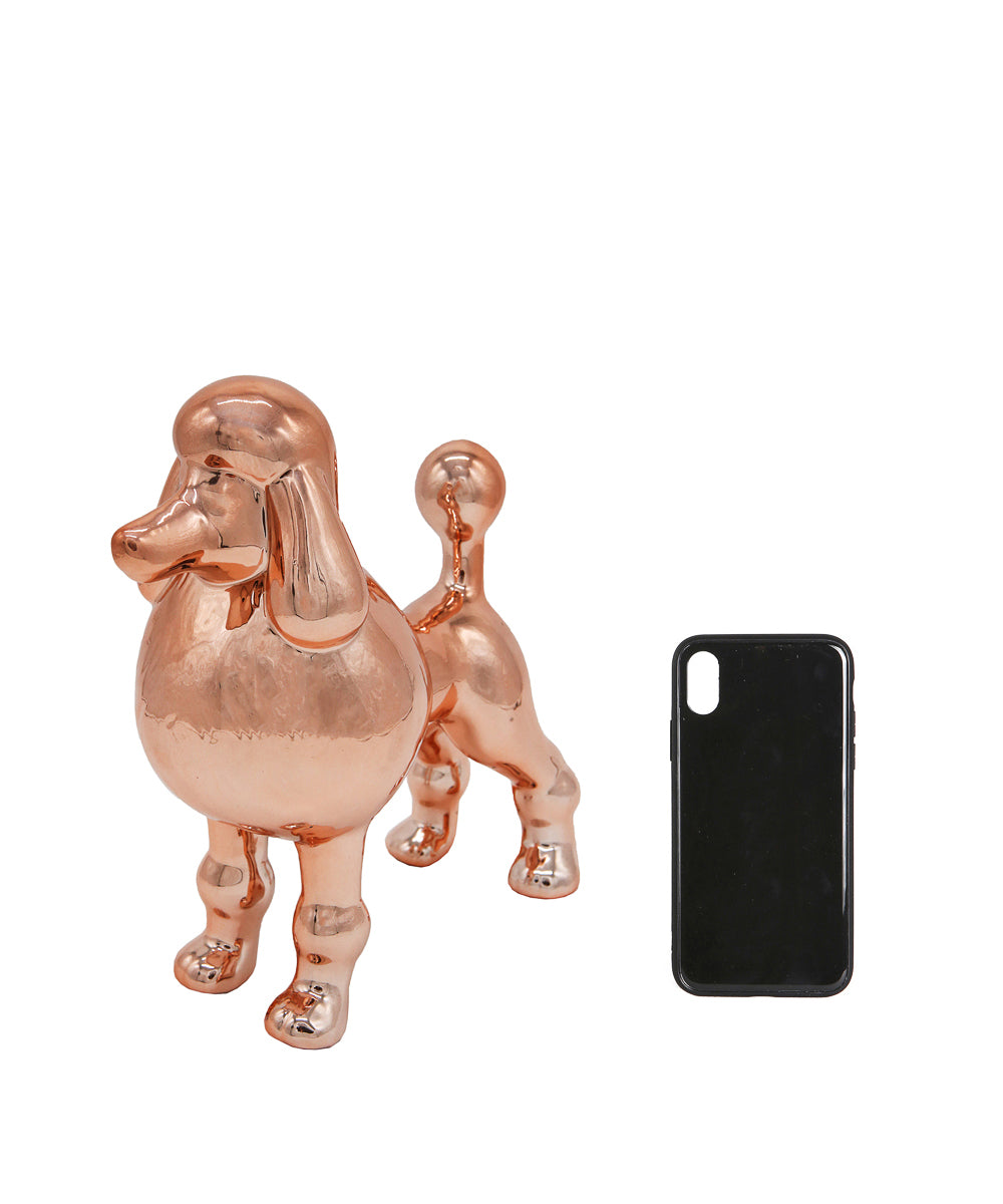 Rose Gold Standing Poodle Ceramic Pet Statue Next To Cellphone For Size Comparison
