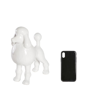 White Standing Poodle Ceramic Pet Statue Next To Cellphone For Size Comparison