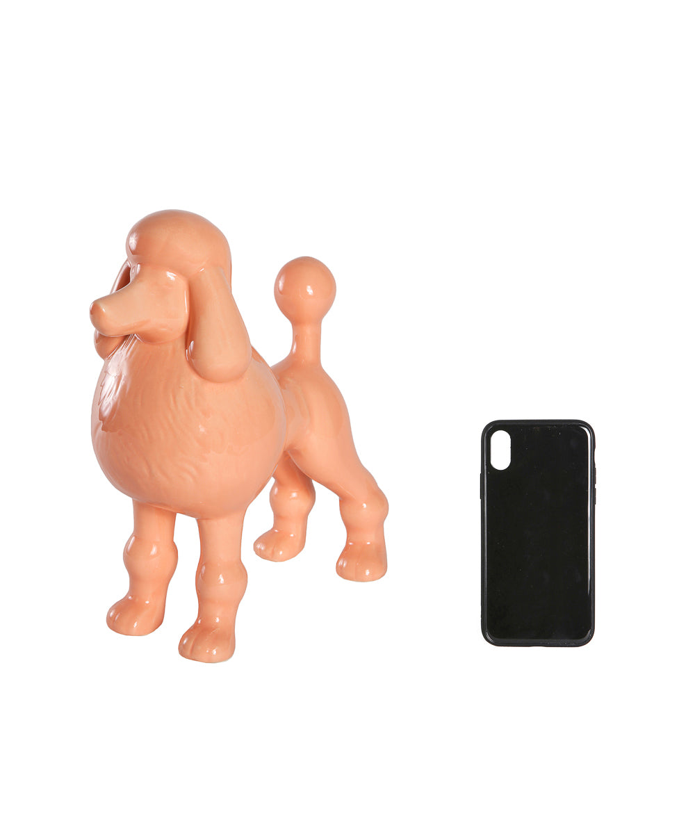 Orange Standing Poodle Ceramic Pet Statue Next To Cellphone For Size Comparison