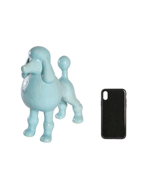 Blue Standing Poodle Ceramic Pet Statue Next To Cellphone For Size Comparison