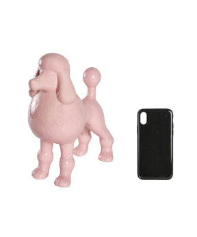 Pink Standing Poodle Ceramic Pet Statue Next To Cellphone For Size Comparison