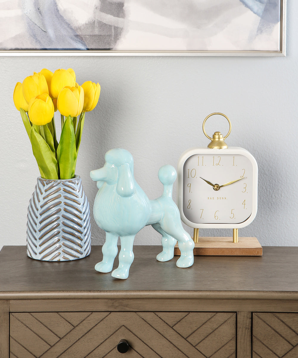 Blue Standing Poodle Ceramic Pet Statue On Dresser