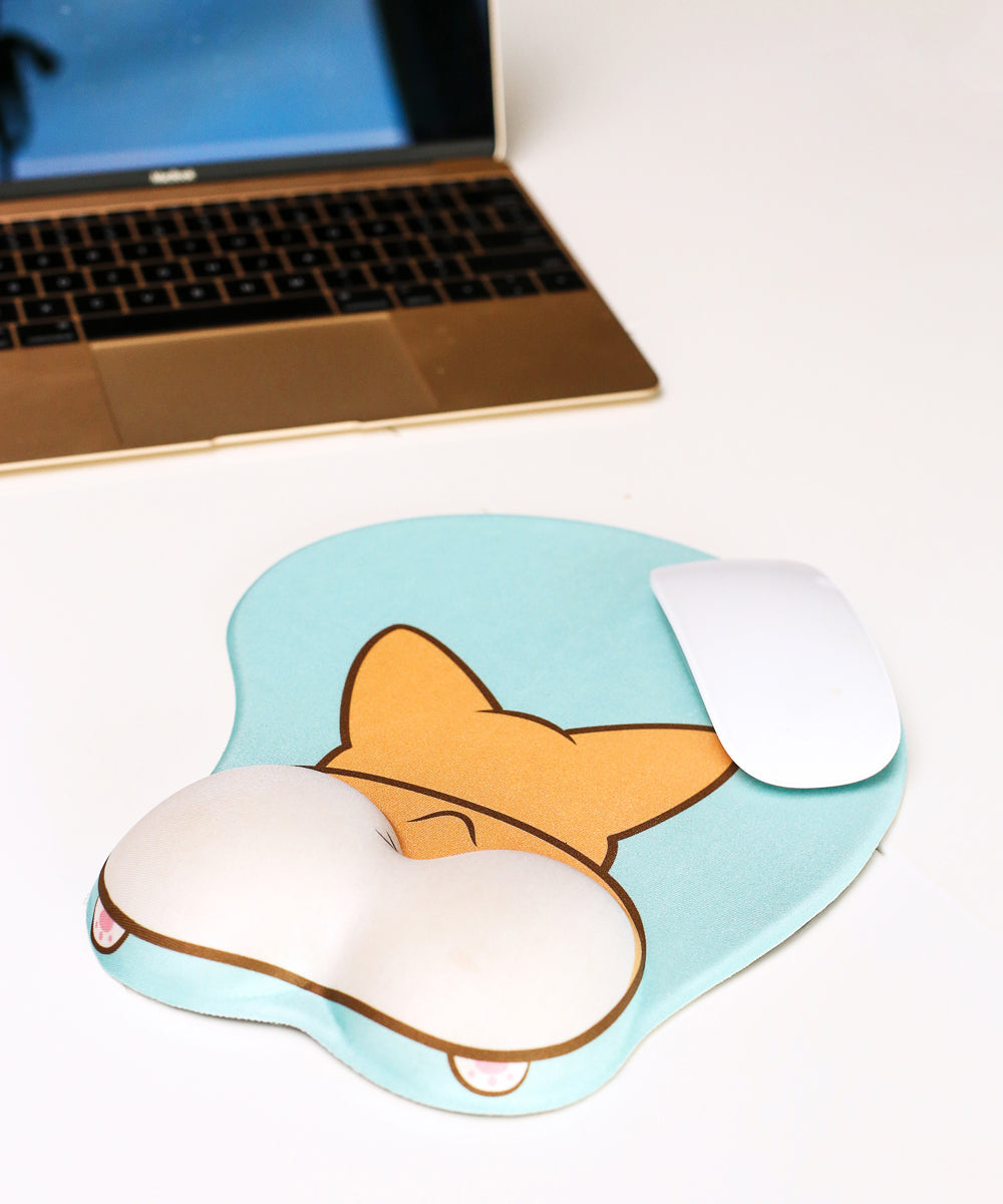 Tan 3D Corgi Butt handrest Mouse Pad With Computer and Mouse