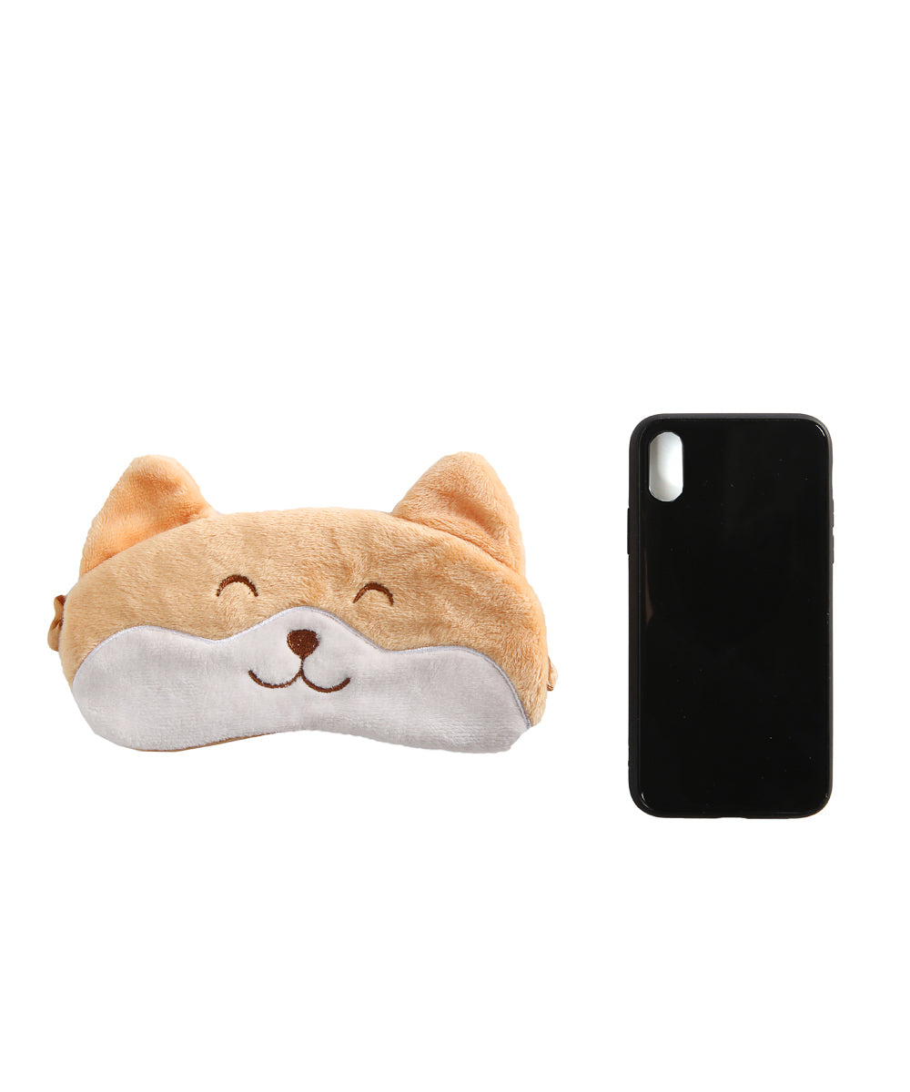 Corgi Sleeping Eye Mask with Cooling Gel Pad next to cellphone for size comparison