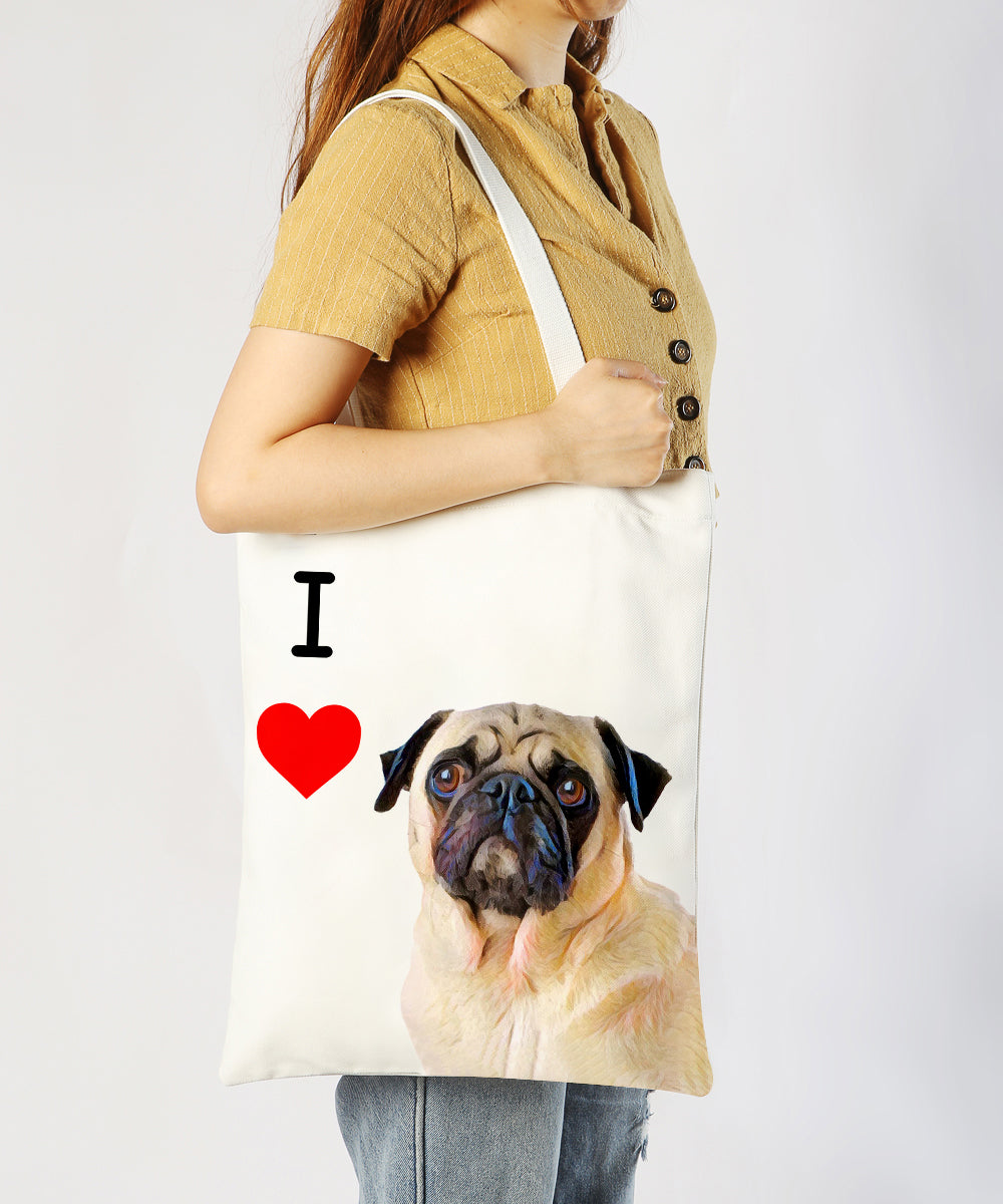 Art Canvas Bag - "I Love" Collection - Pug on model